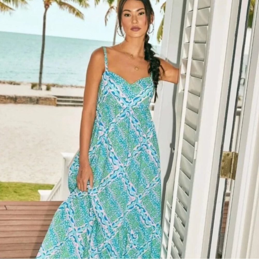 New Lilly Pulitzer Hiedi Cotton Maxi Dress in Prism Blue Good Greef Engineered